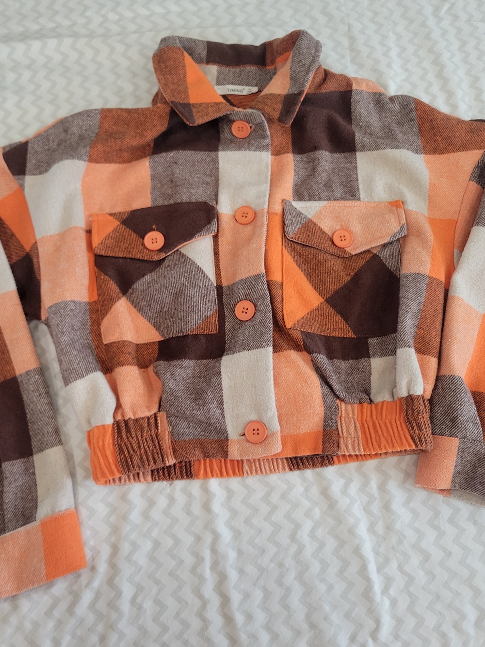 Timing Cropped Plaid Jean Shacket in Orange, Brown & Cream - Picture 5 of 14